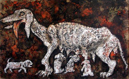 LUCAS SITHOLE LS6820 "Dog and Pups II.", 1968 - m/media/paper - 063x101.5 cm